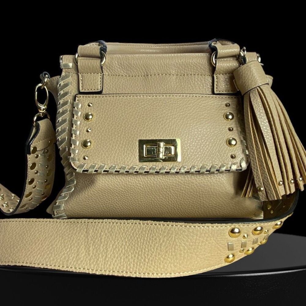 Steve Madden Blennon Cream Peebled Leather Studded Whipstitch Satchel Handbag